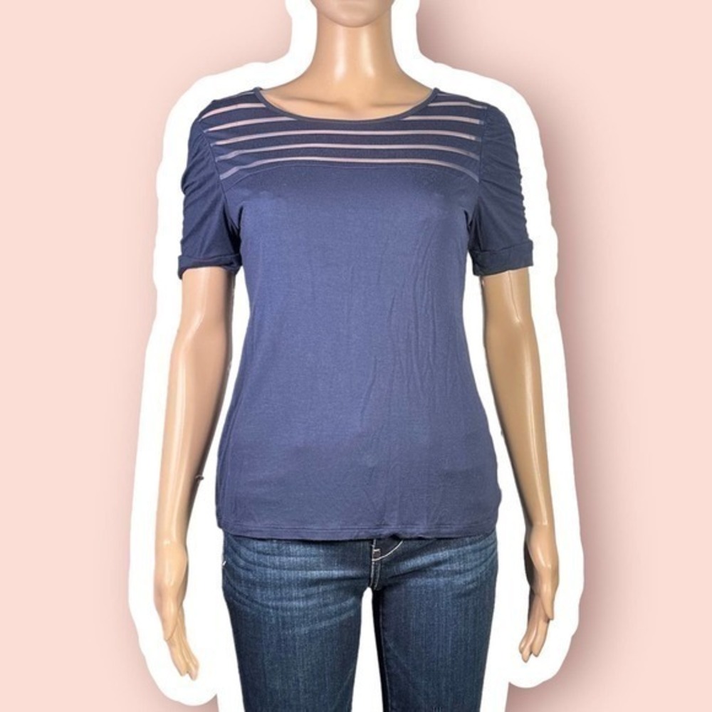 INC Navy Blue Striped Mesh Paneled Tshirt Size Small - "Cynthia"